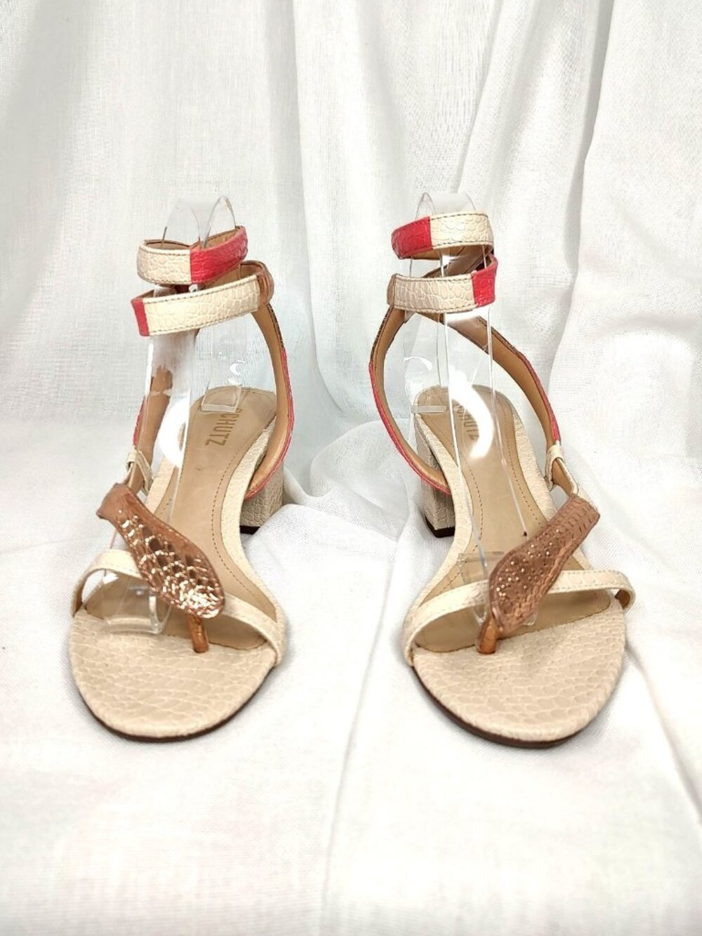 Schutz Cleo Snake Block Heel Sandals Metallic Gold Pink Ivory 10 - Picture 3 of 16